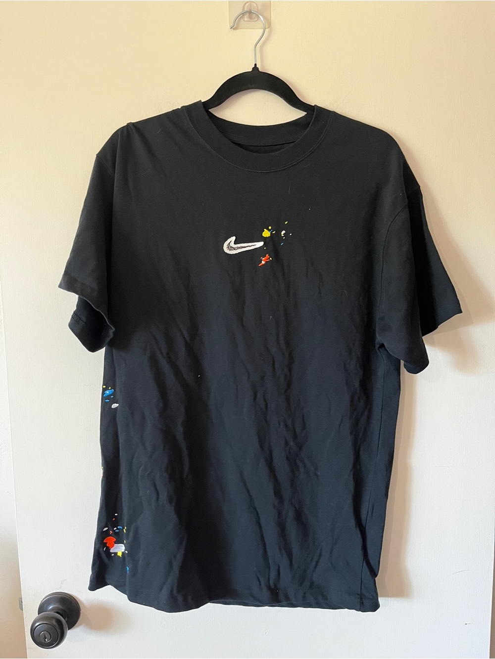 Nike Black Crewneck Tee with Small Multicolor Swoosh Detail